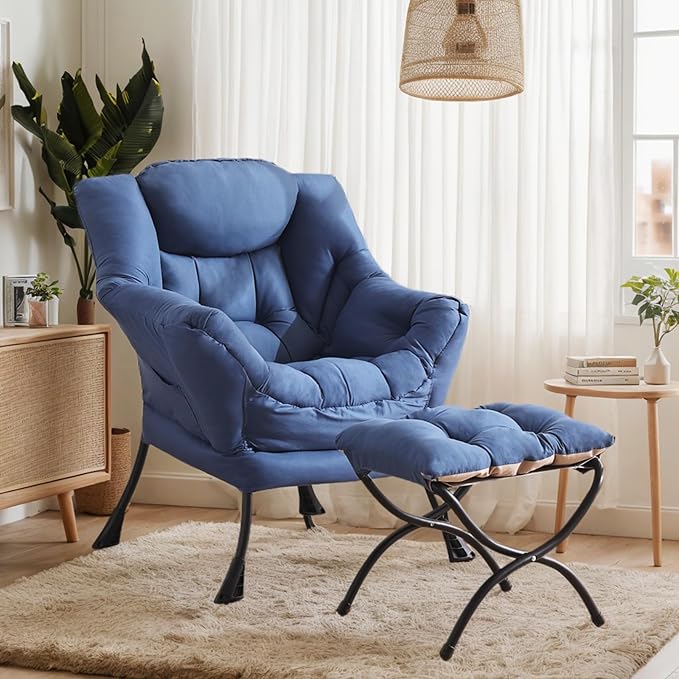 Lazy Chair with Ottoman Large Royal Blue Accent Chair with Ottoman Comfy Reading Armchair Leisure Sofa Chair for Living Room Bedroom Dorm Room Office
