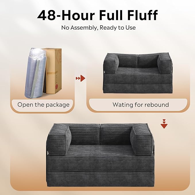 WLIVE 60'' Futon Sofa Bed Convertible Sleeper Sofa Folding Pull Out Couch Boneless Mattress with Fixed Frame Corduroy with Storage Pocket Grey