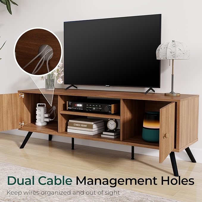 COMHOMA TV Stand for Living Room Mid Century Modern Entertainment Center for 55/60/65 Inch TVs Retro Brown TV Console with Fluted Door Cabinets and Open Adjustable Shelve Storage for Bedroom