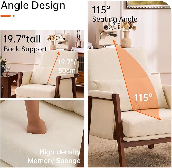 Accent Chairs Set of 2 Mid-Century Modern with Lumbar Support Pillow Upholstered Living Room Chairs with Wooden Chenille Armchair with Cushion Anthropologie Side Chair for Bedroom Beige