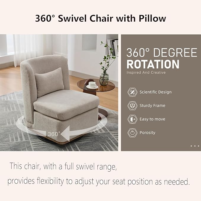 Swivel Accent Chair for Living Room25.2 Modern Chenille 360° Rotating Armless Chair with Metal BaseUpholstered Seat &amp PillowReading Chair for Office &amp Bedrooms (Beige)