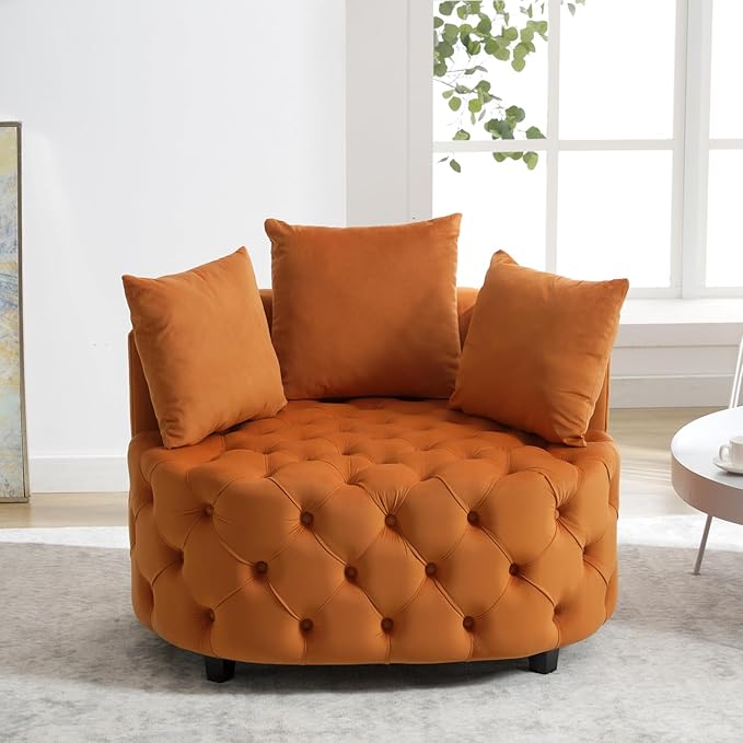 Modern Upholstered Tufted Barrel ChairVelvet Accent Chair with PillowsSingle Armrest Sofa Chair with Legs for Living RoomOfficeBedroom