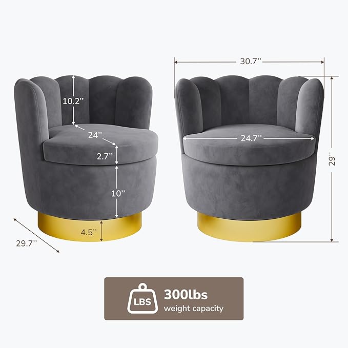BELLEZE Modern Velvet Swivel Accent Chair 360 Upholstery Barrel Chair Comfy Living Room Bedroom Accent Chair [Set of 2] - Dark Grey
