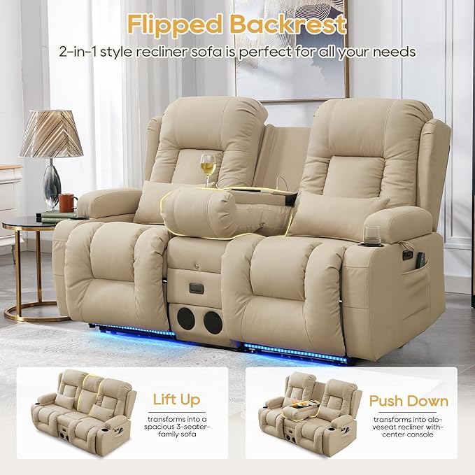 IPKIG Power Loveseat Recliner Sofa with Flip-Up Backrest Console Bluetooth Speakers Drawer AC Outlet LED Light Wall Hugger Recliners for Living Room RV Home Theater (Beige Loveseat)