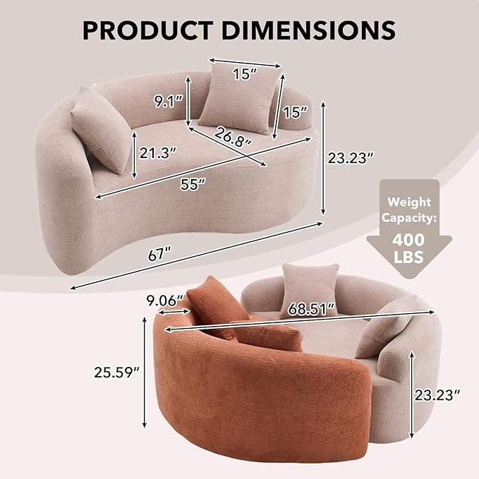67 Modular Sectional Loveseat Sofa Chenille Upholstered Cloud Couch with S-Shaped Cushion Boneless Couch Sleeper Deep Seat Sofa with Throw Pillows for Living Room (Beige) | Chenille Comfortable