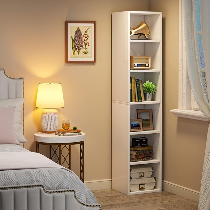 LITTLE TREE 70.9 Inch Tall Narrow Bookcase Corner Bookshelf 6 Tier Cube Display Shelf Storage Organizer for Small Space White