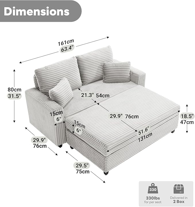 Tbfit 63.4 Oversized Loveseat with Storage Ottoman Comfy Chaise Lounge Chair Indoor Corduroy Sleeper Sofa Bed Modern Upholstered Love Seat Couch for Living Room Bedroom Apartment Grey | Breatha