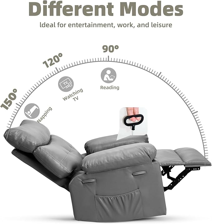 Garvee Manual Recliner PU Leather Living Room Chair Adjustable Reclining Chair Oversized Home Theater with Massage &amp Heat - Gray