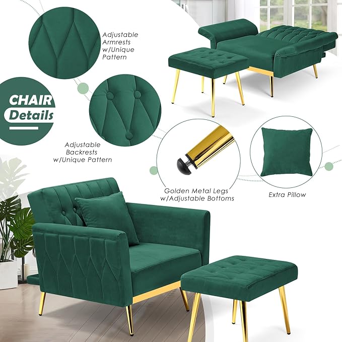 Velvet Accent Chair with Adjustable Backrest and Armrests Single Recliner Armchair with Ottoman and Golden Mental Legs for Living Room Bedroom and Waiting Room Green