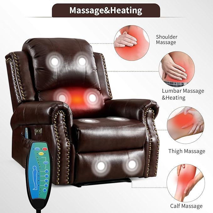 Classic Power Recliner Chair Set of 2 with Massage and Heat Breathable Faux Leather Electric Recliner with USB Port Overstuffed Reclining Sofa with Rivets for Living Room Caramel Brown