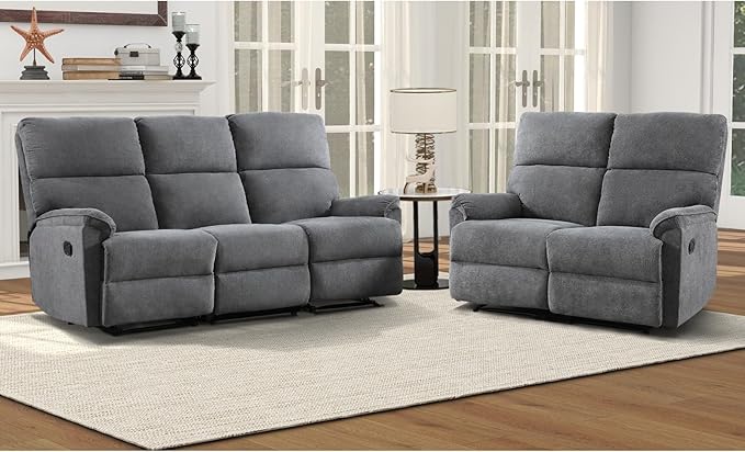 EBELLO Fabric Manual Reclining Sofa Set Recliner Loveseat and 3 Seat Sofa Couch with Sturdy Robust Metal Base 5 Seats for Small Living Room Bedroom and Meeting Room Grey