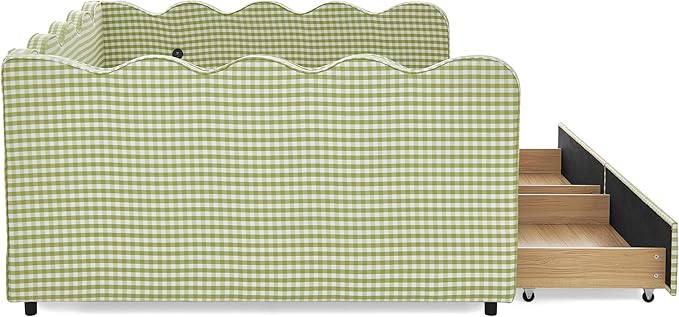 Cozy Gingham Daybed with 2 Drawers Queen Size Sofa Bed No Box Spring Needed with USB Port and Adorable Wave Shaped Linen Fabric Navy (Green+Queen+2 Drawers)