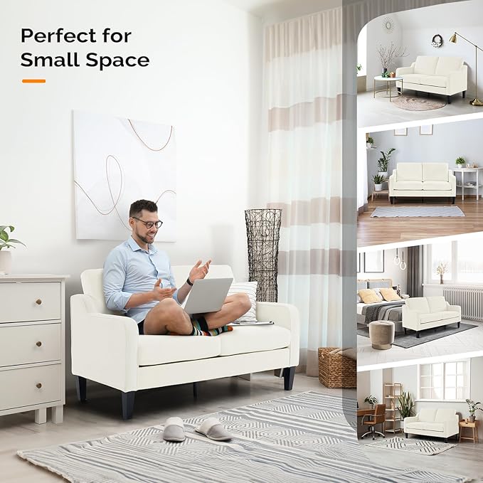 VINGLI Loveseat Mid-Century Modern Loveseat Sofa Couch 53 Wide 2 Seater Sofa Couch Love Seat with Scooped Armrest for Small Spaces Living Room Dorm Bedroom Apartment (Creamy White)