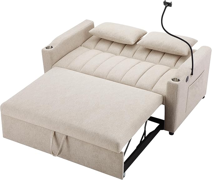 Pull Out Sofa Bed 55.9 Convertible Sofa Bed with 360°Swivel Phone Holderm Two Side Pockets Two Cup Holders 3 Level Adjustable Backrest Bella Fabric Loveseat Sofa (Beige * Loveseat90)