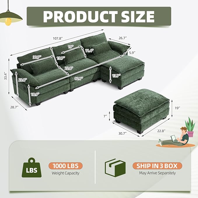 108 Modular Sectional Sofa Comfy Cloud Couch with Ottoman &amp USB Port for Living Room L Shaped Modern Chenille Couches with Throw Pillows for Bedroom Apartment Green