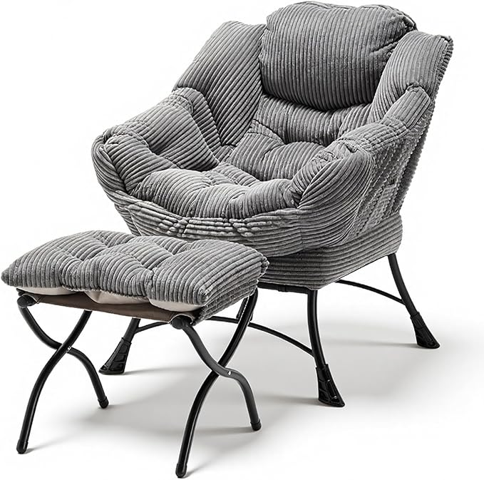 Oversized Lazy Chair with Ottoman for Adults Chair and Ottoman Set Modern Skinny Lounge Chair with Footrest Wide Reading Chair for Living Room Comfy Accent Armchair for Small Spaces Dark Gray