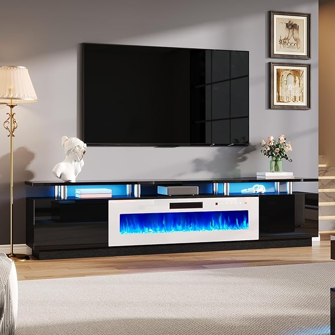 AMERLIFE 90 2 Tier Fireplace TV Stand with 50 Fireplace Modern Large Entertainment Center LED Lights Media Console Table Storage Cabinet for TVs Up to 100 Living Room Black &amp White