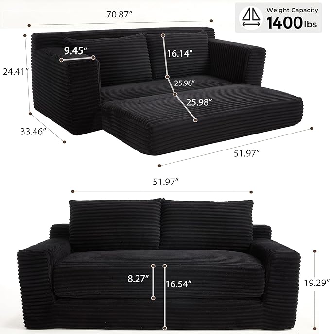 70.87 Cloud Loveseat Sofa Boneless Corduroy Loveseat Couches Sofa in a Box 2 Seater Deep Seat Couch with Convertible Sofa Bed for Apartment Office Living Room No Assembly Required (Jet Black)