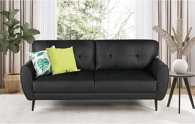 60 Loveseat Sofa for Living Room Mid Century Mini Black Couch Tufted Leather Love Seat Furniture Comfy Office 2 Seat Small Couches for Small Spaces Bedroom Apartment