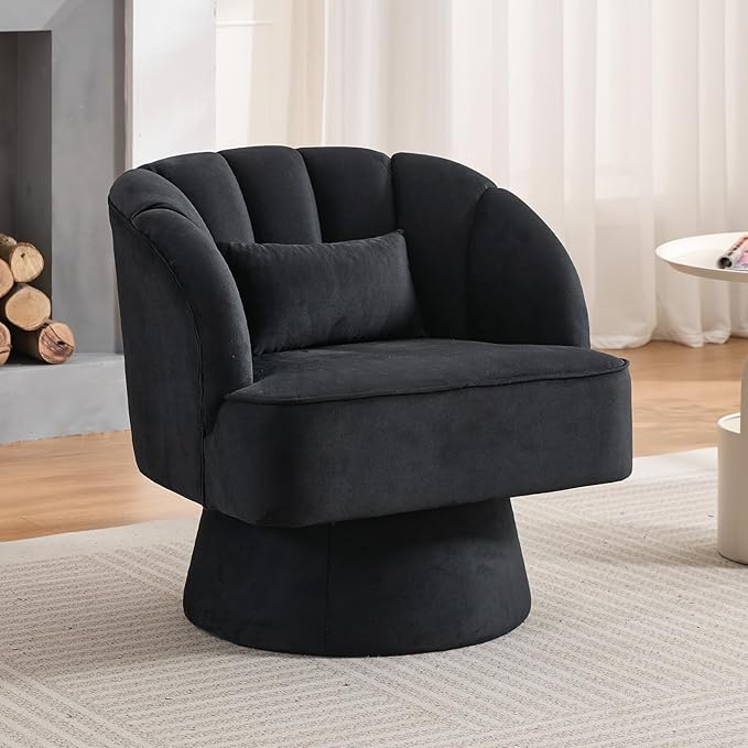 GarveeHome Modern Swivel Barrel Accent Chair 360 Degree Velvet Upholstered Armchair with Striped Backrest &amp Plush Padding Comfy Round Lounge Chair for Living Room Bedroom Reading Nook Black
