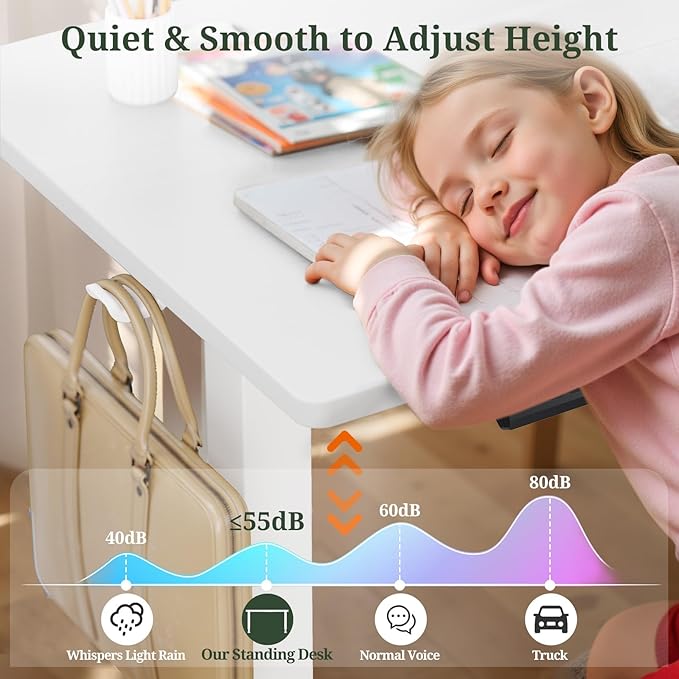 40 x 24 in Electric Standing Desk - Memory Height Adjustable Ergonomic Sit-to-Stand Rising Computer Table Gaming Workstations with 2 Hooks and Wire Hole for Home Office White