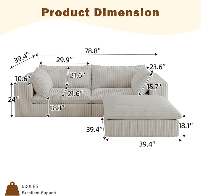 78.8 Corduroy Cloud Loveseat Sofa with Ottoman L Shaped Modular Sectional Couch with Removable Cushion No Assembly Required Deep Seat Boneless Couches for Living Room (White &amp 1 Ottoman)