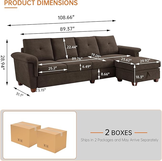 108 Sectional Sofa Convertible L Shaped Sofa with Ottoman and Large Storage 4 Seat Sectional Couch with Cup Holder Couches for Living Room Apartment Office (Brown)