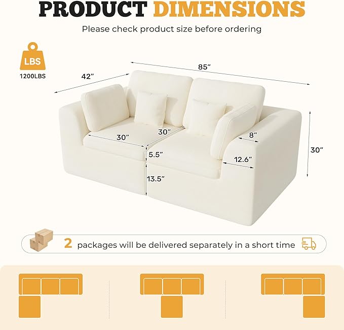 Loveseat Sofa Cloud Boneless Couches for Living Room 2 Seater Modular Sectional SofaOversizedBeige Chenille