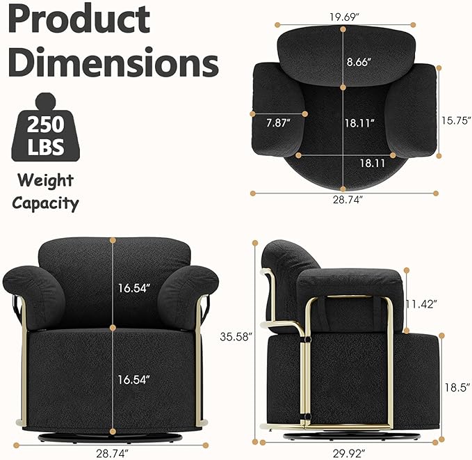 Swivel Accent Chairs for Living Room 360 Swivel Barrel Chair &amp Round Accent Chair with Armrests and Back for Office and Living Room (Black)