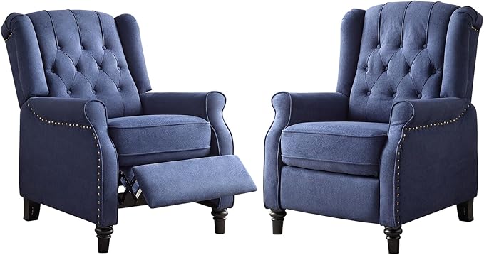 EBELLO 2 Pcs Push Back Recliner Chair Fabric Accent Chair Pushback Recliner with Rivet Decoration Button-Tufted Back Mid Century Wingback Armchair for Living Room Bedroom Blue
