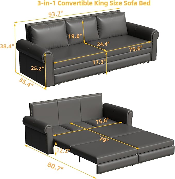 93.7 King Size Chesterfield 3-seat Pull Out Sofa Bed Leather Sofa Bed with Nailhead Trim and Rolled Arm 3-in-1 Sofa Sleeper for Living Room Apartment Office Grey