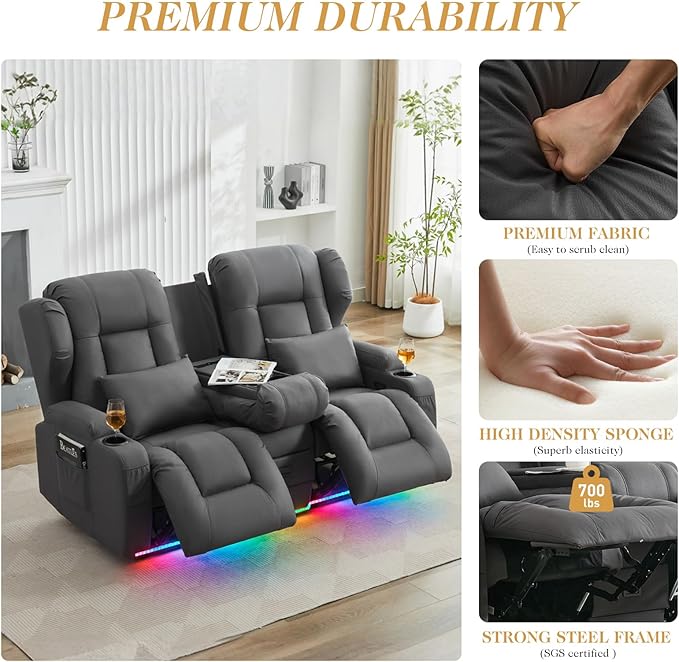 Loveseat Recliner Sofa with DIY LED LightsRV Wall Hugger Recliners with Flip-up ConsoleFabric Reclining Loveseat Sofa Recliner with Smart LED Lights/Cup Holders/Lumbar PillowsRV FurnitureDark Grey