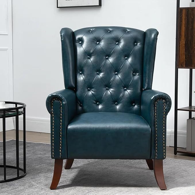 Faux Leather Accent Chair Mid-Century Armchair Upholstered Club Sofa Chair with Wooden Legs High Back Living Room Chair for Bedroom Office Lounge (Blue)