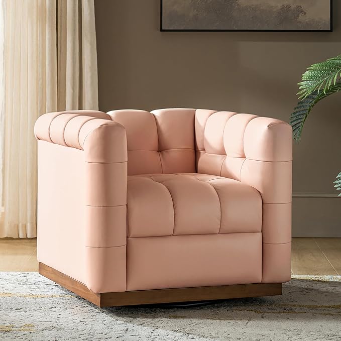 HULALA HOME Genuine Leather Swivel Accent Chair with Wooden Base Mid Century Modern Square Accent Chair for Living Room Bedroom Club Pink