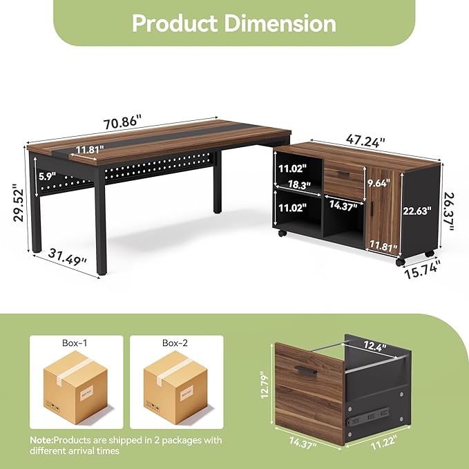 LITTLE TREE 70.8 Executive Desk with Lateral File Cabinet Modern Thickened Wooden Workstation L-Shaped Computer Desk Large Home Office Writing Desk for Home Office