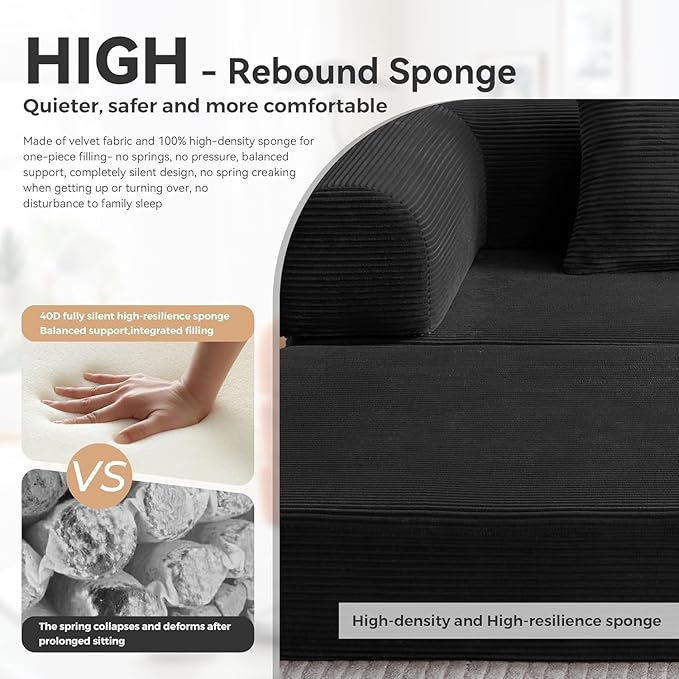 Upgraded 79 High Backrest Sofa Bed with Fixed Frame Corduroy Fabric Convertible Couch for Small Spaces Removable Armrests &amp Backrest No Assembly Required (High Backrest Black) | Convertible