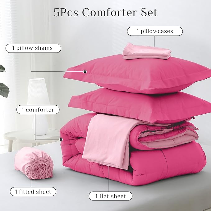JOLLYVOGUE Twin Comforter Set Ultra-Soft Bed in a Bag Twin Size 5 Pieces Oeko-TEX Certified Bedding Set with Down Alternative Comforter Sheets Pillowcases &amp Shams Hot Pink &amp Baby Pink