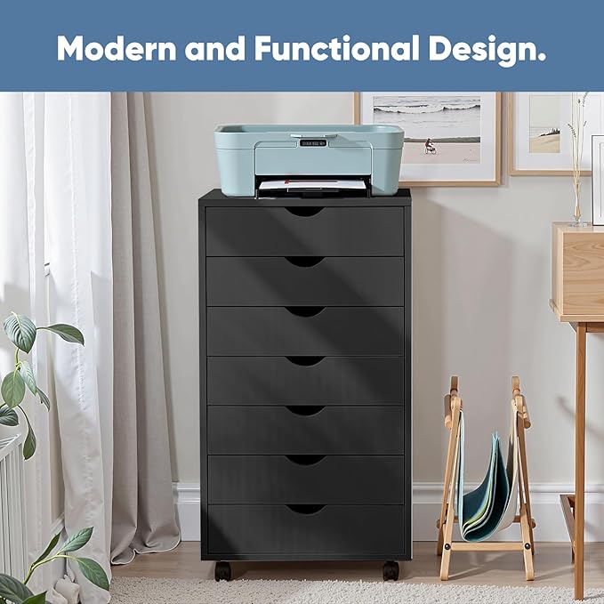 NEWBULIG 7 Drawers Mobile File Cabinet Under Desk Storage with Wheels Office Filing Cabinets Small Wooden Rolling Chest of Dawers for Home Office Black