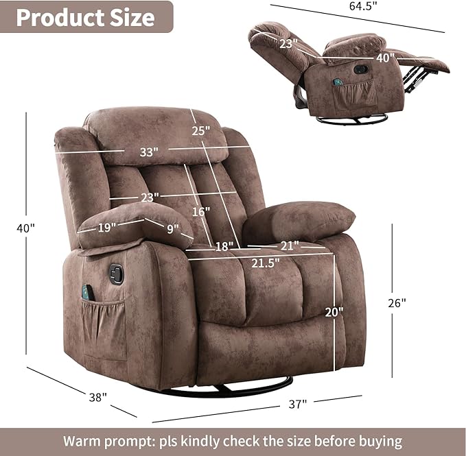 INZOY Rocker Recliner with Heat and Vibration Manual Swivel Rocking Chair with Vibrating Massage Comfy Padded Overstuffed Soft Fabric Heated Recliner (Brown)