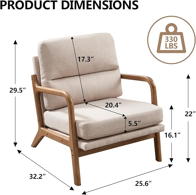 Bonzy Home Mid Century Modern Accent Chair Upholstered Reading Armchair with Solid Wood Frame &amp Thick Cushion Comfy Lounge Chair for Living Room Bedroom Apartment Beige