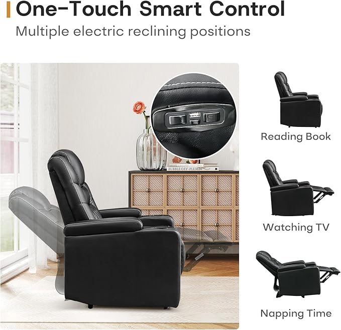ANJ Power Recliner Chair with USB Port Electric PU Leather Home Theater Seating for Living Room Movie Reclining Chairs with Blue Ambient Lighting Hidden Arm Storage Cup Holders (Black)