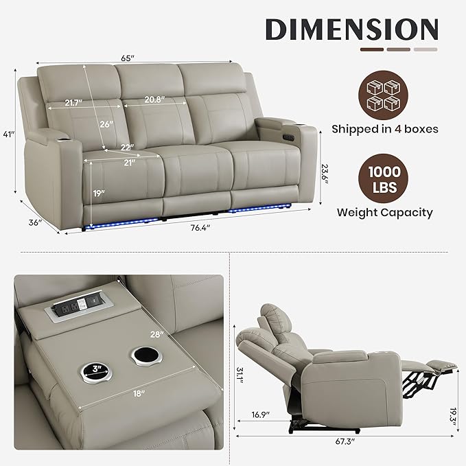 Dual Motor Power Reclining Sofa Breathable Leather Reclining Couch with Power Headrest/LED Light/Armrest Storage Recliner Sofa 3 Seater for Living Room (Grey 3 Seater)