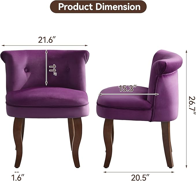 Velvet Vanity Chair with Solid Wood Legs Tufted Upholstered Vanity Stool with Back Mid Century Small Makeup Accent Chair for Bedroom Living Room Purple