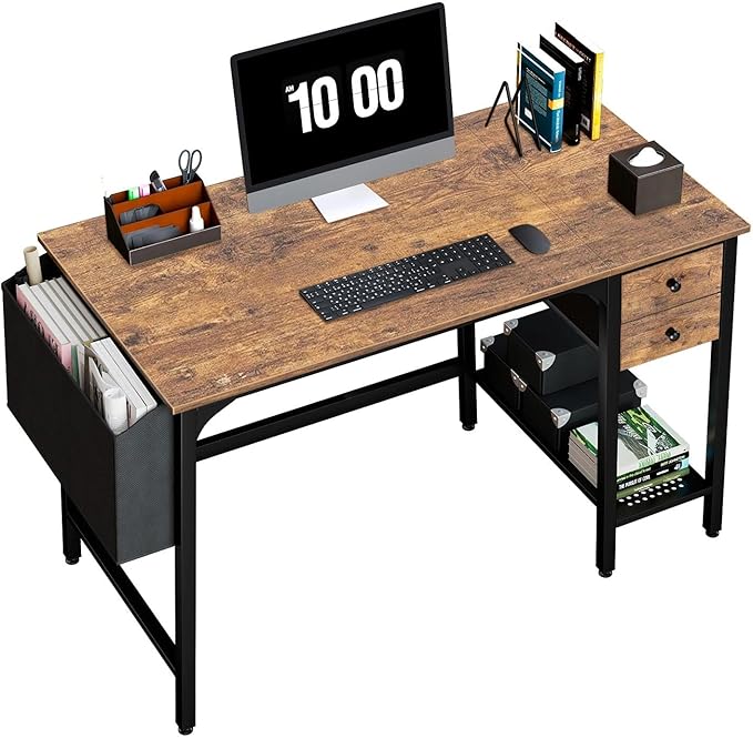 Lufeiya Computer Desk with Drawers - 40 Inch Work Reversible Small Desk for Bedroom Home Office Simple Study Writing Table PC Desks with Drawer Storage Shelves Rustic Brown