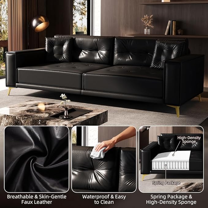 KEIKI 92.1 King Size Pull Out Sofa Bed 3-in-1 Faux Leather Convertible Sleeper Clouch with 2 Pillows 4-Seater Sofa Bed for Living Room Apartment Office Black