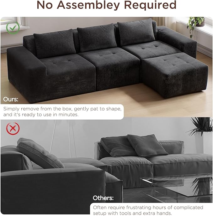 Maupvit 108 Modular Sectional Sofa Modern Cloud Couch L-Shaped Convertible Sleeper Sofa Bed with Movable Ottoman Deep Seat Boneless Comfy 3 Seater Couches for Living Room Black | Breathable materi
