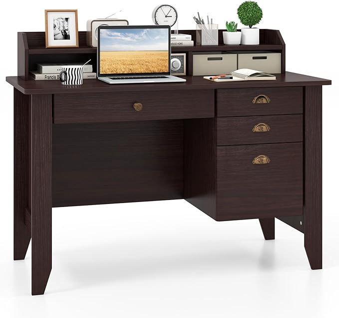 Tangkula Computer Desk with 4 Storage Drawers &amp Hutch Home Office Desk Vintage Desk with Storage Shelves Wooden Executive Desk Writing Study Desk (Brown)