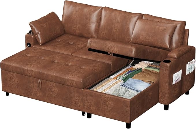 Esright Sleeper Sofa Bed 3-in-1 Pull Out Couch with Reversible Chaise Leather Sleeper Sofa with Storage USB Cup Holder Pullout Sectional Couches for Apartment Living Room Brown