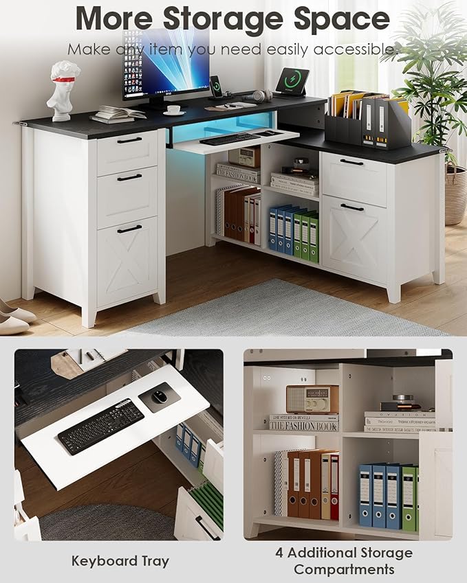 HOPUBUY Farmhouse L Shaped Executive Desk with Drawers 59''Home Office Corner Desks with Charging StationFile CabinetsStorage Compartments Wood Computer Desk Writing Table w/Keyboard TrayWhite