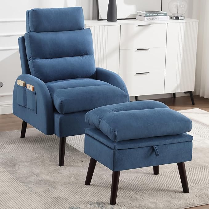 Accent Chair with Ottoman Velvet Comfy Reading Chair and Ottoman Set Modern Oversized Velvet Lounge Sleeper Armchair with Adjustable Backrest for Living Room Bedroom Blue